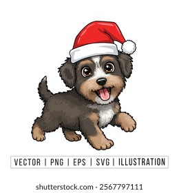 Cute Bichon Frise Puppy in Santa Hat - Christmas Cartoon Vector Illustration