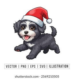 Cute Bichon Frise Puppy in Santa Hat - Christmas Cartoon Vector Illustration