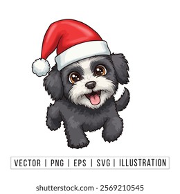 Cute Bichon Frise Puppy in Santa Hat - Christmas Cartoon Vector Illustration