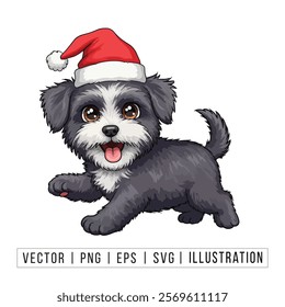 Cute Bichon Frise Puppy in Santa Hat - Christmas Cartoon Vector Illustration