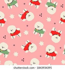 Cute Bichon Frise. White Fluffy Dog. Puppy Wearing Sweater.  Pretty Funny Character. Cartoon Style. Hand Drawn Vector Illustartion. Squre Seamless Pattern. Background, Wallpaper. 