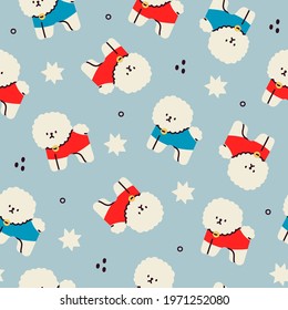 Cute Bichon Frise. White fluffy dog. Puppy wearing sweater.  Pretty funny character. Cartoon Style. Hand drawn Vector illustartion. Squre Seamless Pattern. blue Background, Wallpaper, wrapping