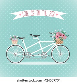 Cute bicycle with basket full of flowers in modern flat style. Wedding bicycle. Greeting card. Vector illustration