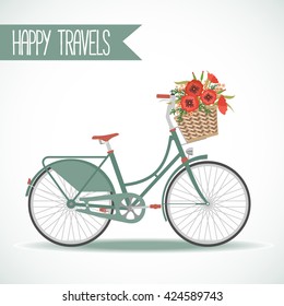 Cute bicycle with basket full of flowers in modern flat style. Travel bicycle. Greeting card. Vector illustration