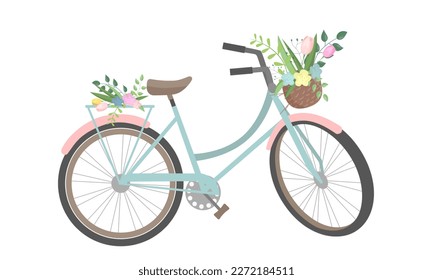 Cute bicycle with colorful flowers and basket. Isolated on white background. Retro bike, basket with flowers and plants. Vector illustration