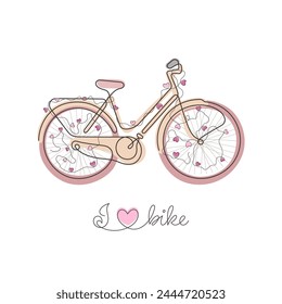 Bicicleta linda en estilo de línea continua de color pastel con guirnalda de corazón rosa. Me encanta la Ilustración vectorial en bicicleta.