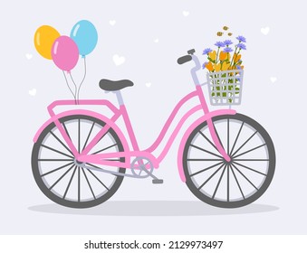 Cute bicycle with decorations abstract concept. Colorful poster with pink vehicle with flower basket and balloons. Holiday bike for postcard or invitation. Cartoon modern flat vector illustration