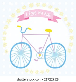 Cute bicycle with a floral wreath. Retro bike riding illustration in pink and blue color