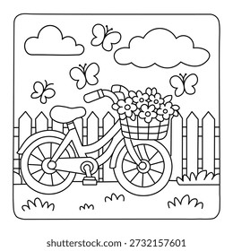 Cute Bicycle with Flower Basket Coloring Page for Kids, Spring Nature Line Art Illustration