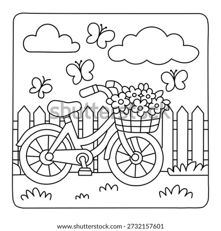 Cute Bicycle with Flower Basket Coloring Page for Kids, Spring Nature Line Art Illustration