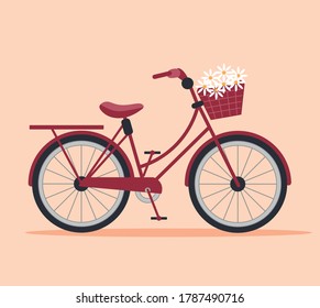 cute bicycle illustration. bike and basket of flowers