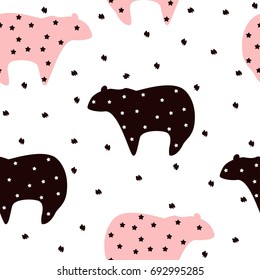 Cute big abstract bear with stars seamless pattern. Vector hand drawn illustration.