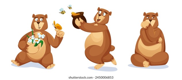 Cute big bear with brown fluffy fur in different poses. Cartoon vector character set of grizzly mascot standing with honey in pot and bees, sitting thoughtful, with daisy flowers bouquet and butterfly