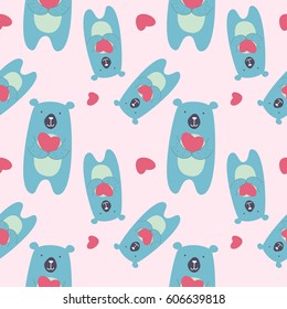 Cute big bear holding heart. Love symbol. awesome t-shirt, mug, bag lunchbox, wallpaper, wrapper, poster and banner flat design for kids. vector illustration seamless pattern.