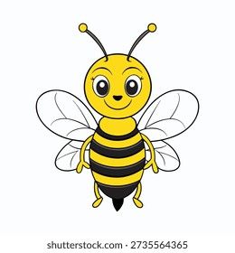 A cute, big bee with fluffy stripes and tiny wings buzzes happily among flowers, smiling as it spreads pollen and brings a sweet, cheerful spring vibe. 
