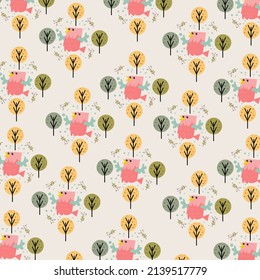 Cute big bird pattern background with small trees around. Perfect for wallpapers, web page backgrounds, surface textures, textiles.