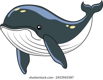 Cute big blue whale. Sea animal fish underwater in flat vector simple style.