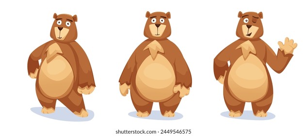 Lindo gran oso marrón personaje de dibujos animados. Conjunto de Ilustración vectorial de pie mascota grizzly en diferentes posturas - con gesto de agitar la pata, la mano en pilas y vista frontal. Animal de bosque con pelaje esponjoso.