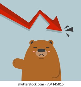 cute big brown bear in stock market red graph going down arrow.