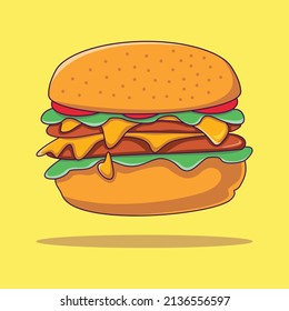 Cute Big Burger Cartoon Vector Illustration. Food and Beverage Concept Vector. Cartoon images for icons, coloring books, backgrounds, and more. Flat Cartoon Style