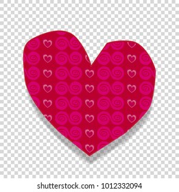 Cute big burgundy hand drawn heart sticker with little hearts and spirals pattern isolated on transparent background. Valentine's day, or love wedding clip art, element, detail for scrapbook design