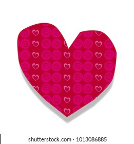 Cute big burgundy hand drawn heart sticker with little hearts and spirals pattern isolated on white background. Valentine's day, or love wedding clip art, element, detail for scrapbooking design. 