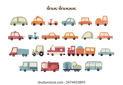 Cute big cartoon cars vector collection isolated on white. Hand drawn flat vehicle set. Caravan, police auto, ambulance, tractor, fire truck and train, city cars, ice cream truck, motor bikes.