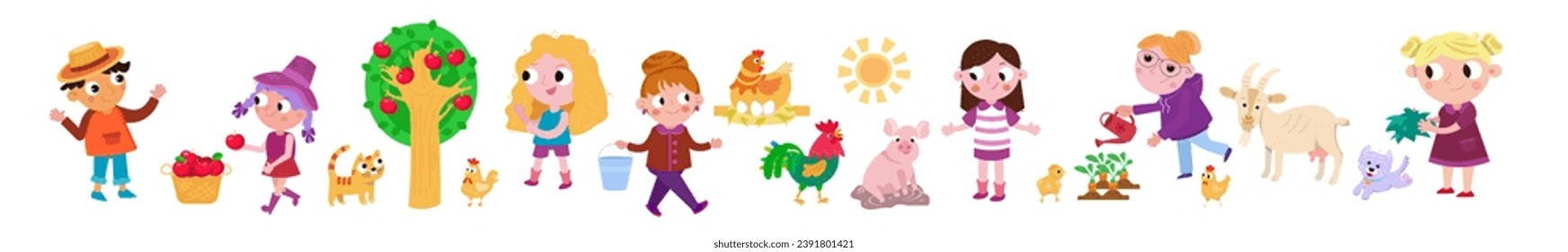 Cute big cartoon set of animals and people on farm for design. Isolated characters illustration on background. Vector picture for books, workbooks, cards. 