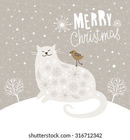 Cute Big Cat And Little Bird, Christmas Vector Illustration, Christmas Card