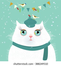 Cute big cat and little birds, Christmas vector illustration