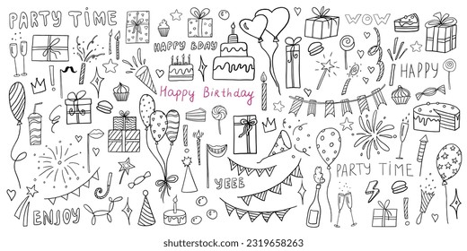 Cute big celebration clipart set in doodle style. Party time clipart with gifts, delicious, cake, quotes, balloons, candles, garland and fireworks. Great for party, birthday, children's holiday. 