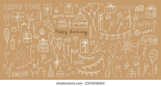 Cute big celebration clipart set in doodle style. Party time clipart with gifts, delicious, cake, quotes, balloons, candles, garland and fireworks. Hand drawn icons. Isolated on beige background