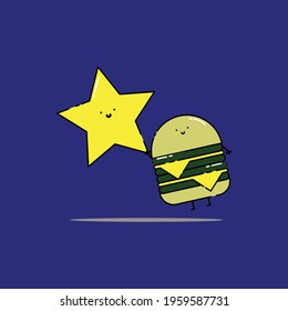 Cute big cheese burger fly with star Illustration. junk food. fast food. modern simple food vector icon, flat graphic symbol in trendy flat design style. wallpaper. lockscreen. children. 