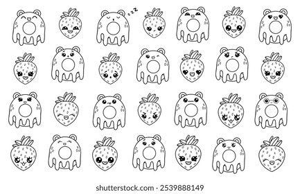 Cute big children's collection of coloring pages in kawaii style.Isolated food vector illustration