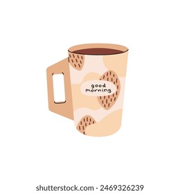 Cute big coffee cup with inscription Good Morning. Design of modern mug with handle for hot drinks, beverages. Stylish teacup for tea, cocoa. Flat isolated vector illustration on white background