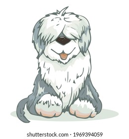 cute big dog of the Commander breed, fluffy, shaggy, good friend, pet, vector illustration for a card, banner, sign, symbol of a groomer, veterinarian,