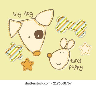 cute big dog and little tiny puppy  cartoon vector illustration for kids t shirt apparel print, poster, greeting card invitation, badges, stickers, book covers, pajamas and mugs