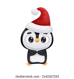 Cute big eyed penguin in Santa hat. Adorable funny baby bird cartoon character. New year and Christmas design vector illustration