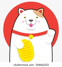 cute big fat Maneki neko lucky cat on Japan flag background