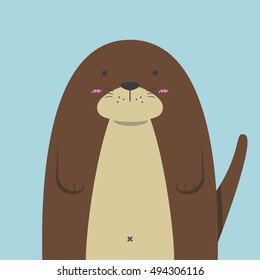 cute big fat otter on light blue background