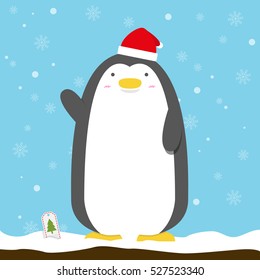 cute big fat penguin wear christmas hat standing on snow flake blue background