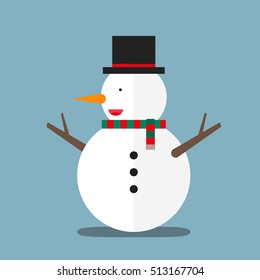 cute big fat snowman wear hat and scarf flat design on light blue background