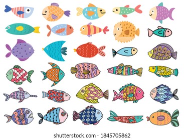 Cute big fish set. Clipart bundle with underwater animals. Sea character collection in childish style. Vector illustration