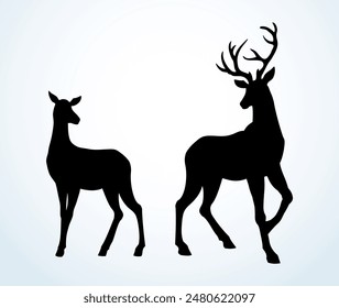 Cute big grace elegant strong power hoof rut rack head snout stand hunt fog farm winter field snow sky scenic view Old large zoo dry lawn meet sika baby child kid scene cartoon art logo emblem element