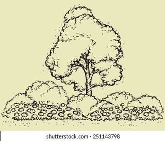 Cute big green deciduous tree with lush foliage and flower bed. Vector monochrome freehand sketchy linear ink drawn backdrop in style pen on paper with space for text on sky