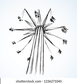 Cute big old ferris roundabout prater on white summer sky background. Outline black ink hand drawn outdoor fly dizzy chair wheel circus logo sign in art retro doodle cartoon graphic style pen on paper