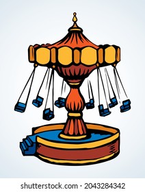 Cute big old ferris roundabout prater square place on white summer sky background. Bright red color hand drawn outdoor fly dizzy chair wheel circus toy party logo sign design in art retro doodle style