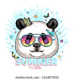  Cute big panda with buttflies and stars. Summer is coming illustration. Stylish image for printing on any surface