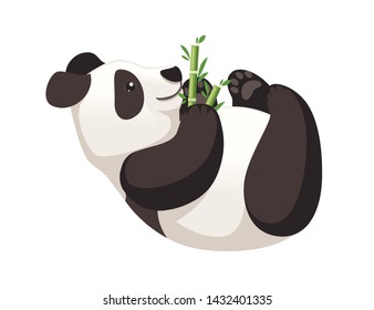 Cute big panda lying on floor and holds bamboo branch cartoon animal design flat vector illustration