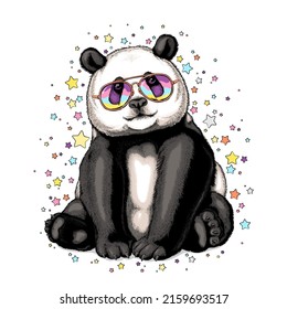 Cute big panda on a background of stars. Vector illustration. Stylish image for printing on any surface